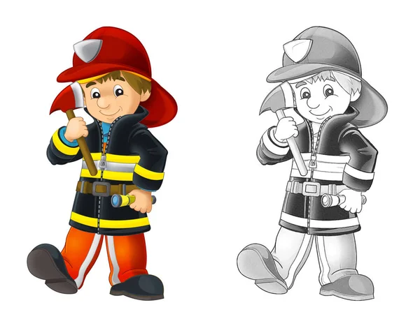 Γελοιογραφία Πυροσβέστης Σκίτσο Εργαλεία Λευκό Φόντο Εικονογράφηση Για Παιδιά — Φωτογραφία Αρχείου