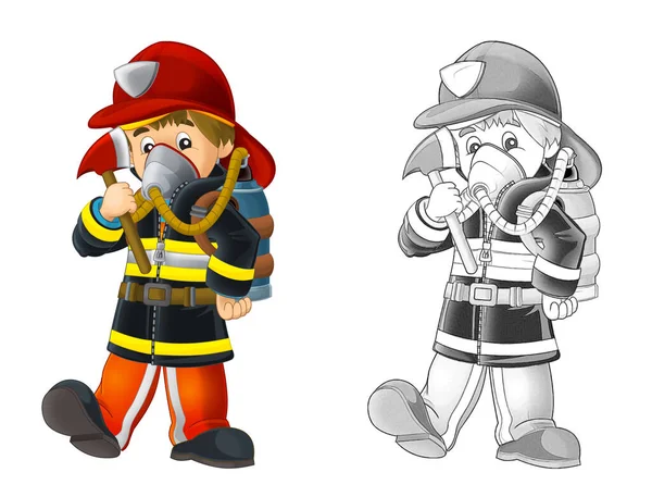 Bombero Dibujos Animados Con Herramientas Fondo Blanco Ilustración Para Niños —  Fotos de Stock