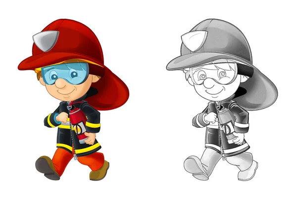 Bombero Dibujos Animados Con Herramientas Fondo Blanco Ilustración Para Niños —  Fotos de Stock