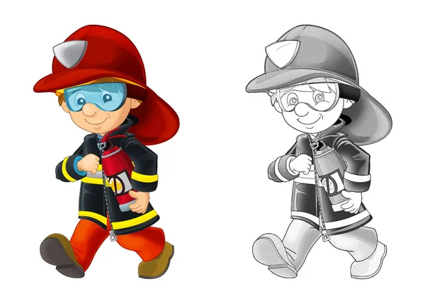 Bombero Dibujos Animados Con Herramientas Fondo Blanco Ilustración Para Niños — Foto de Stock