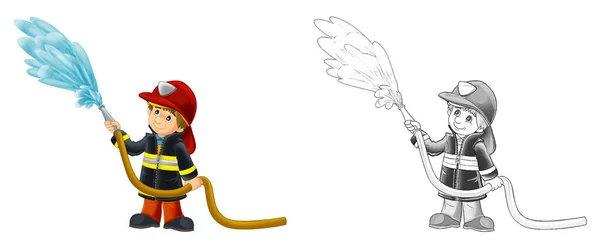 Dessin Animé Pompier Avec Outils Fond Blanc Illustration Pour Enfants — Photo