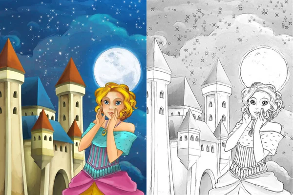 Escena Tradicional Princesa Cerca Bosque Ilustración Para Niños — Foto de Stock