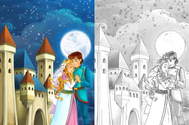 Ormanın yakınındaki prensesin geleneksel eskiz sahnesi - çocuklar için çizim