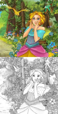 Ormandaki prensesin mutlu ve renkli eskiz sahnesi - çocuklar için çizim