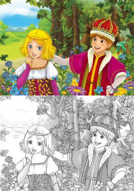 Ormandaki prensesin mutlu ve renkli eskiz sahnesi - çocuklar için çizim