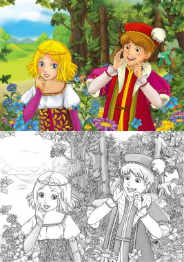Ormandaki prensesin mutlu ve renkli eskiz sahnesi - çocuklar için çizim