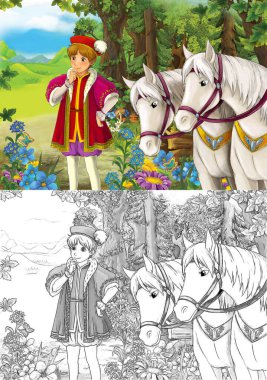 Prens 'in ormanın yakınındaki mutlu ve renkli geleneksel eskiz sahnesi - çocuklar için çizim