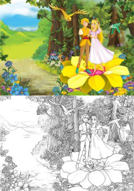 Ormandaki prensesin mutlu ve renkli eskiz sahnesi - çocuklar için çizim