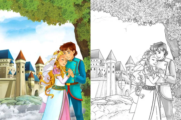 Esquisse Traditionnelle Scène Princesse Près Forêt Illustration Pour Enfants — Photo