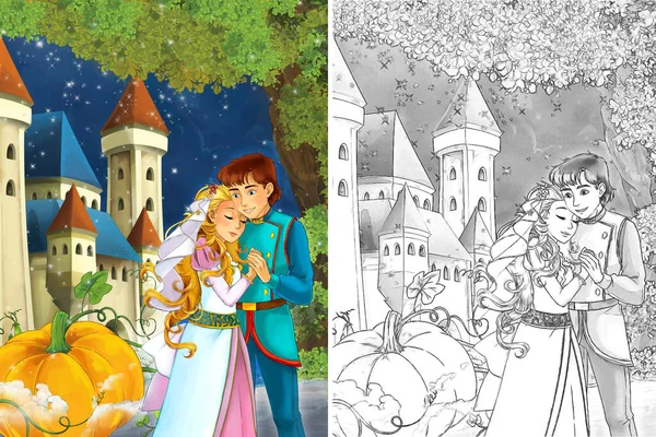 Escena Dibujo Tradicional Alegre Colorida Princesa Cerca Del Carruaje Ilustración —  Fotos de Stock