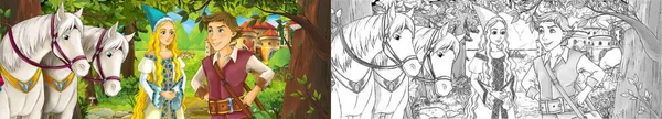 城の塔の近くの森の中にプリンセスとフクロウと漫画のシーン 子供のためのイラスト — ストック写真