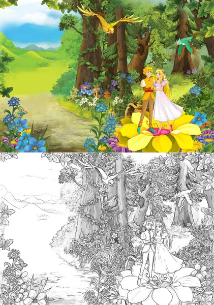 Escena Dibujo Tradicional Alegre Colorida Princesa Cerca Bosque Ilustración Para — Foto de Stock