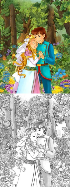 Ormandaki Prensesin Mutlu Renkli Eskiz Sahnesi Çocuklar Için Çizim — Stok fotoğraf
