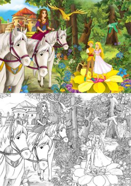 Ormandaki prensesin mutlu ve renkli eskiz sahnesi - çocuklar için çizim