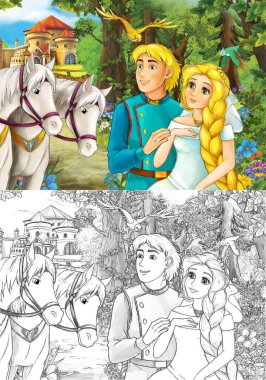 Ormandaki prensesin mutlu ve renkli eskiz sahnesi - çocuklar için çizim