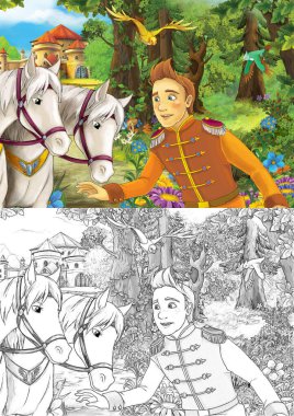 Prens 'in ormanın yakınındaki mutlu ve renkli geleneksel eskiz sahnesi - çocuklar için çizim