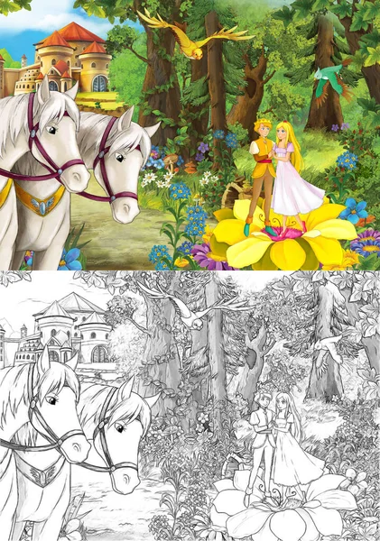 Happy Colorful Traditional Sketch Scene Princess Forest Illustration Children — Stock Photo, Image