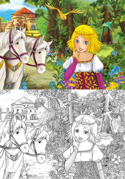 Veselá Barevná Tradiční Kresba Princezny Blízkosti Lesa Ilustrace Pro Děti — Stock fotografie