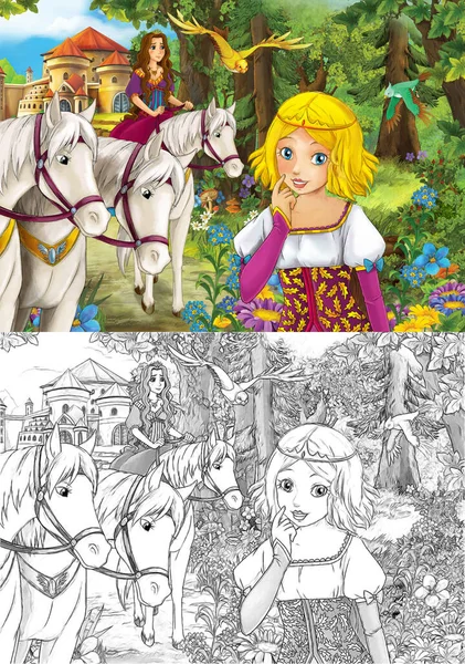 Fröhlich Farbenfrohe Traditionelle Sketchszene Einer Prinzessin Der Nähe Des Waldes — Stockfoto