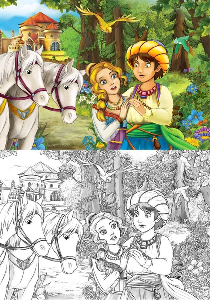 Veselá Barevná Tradiční Kresba Princezny Blízkosti Lesa Ilustrace Pro Děti — Stock fotografie