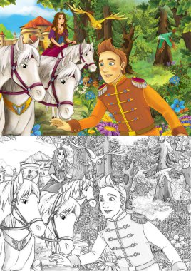 Prens 'in ormanın yakınındaki mutlu ve renkli geleneksel eskiz sahnesi - çocuklar için çizim