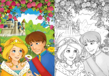 Ormandaki prensesin mutlu ve renkli eskiz sahnesi - çocuklar için çizim