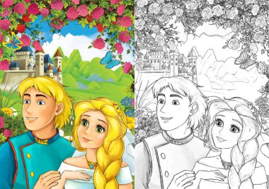 Ormandaki prensesin mutlu ve renkli eskiz sahnesi - çocuklar için çizim