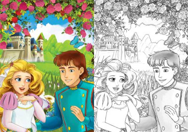 Ormandaki prensesin mutlu ve renkli eskiz sahnesi - çocuklar için çizim