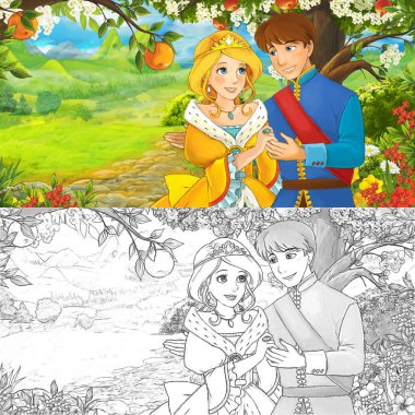 Ormandaki prensesin mutlu ve renkli eskiz sahnesi - çocuklar için çizim