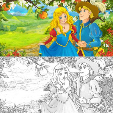 Ormandaki prensesin mutlu ve renkli eskiz sahnesi - çocuklar için çizim