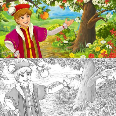 Prens ile orman bahçesinde karikatür sahnesi - çocuklar için çizim