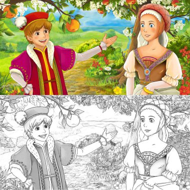 Ormandaki prensesin mutlu ve renkli eskiz sahnesi - çocuklar için çizim
