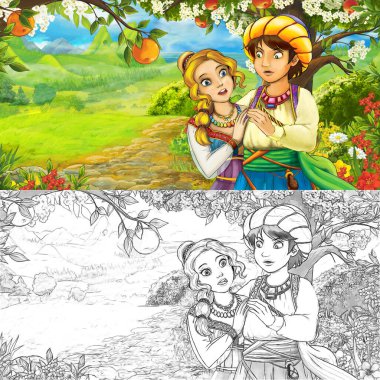 Ormandaki prensesin mutlu ve renkli eskiz sahnesi - çocuklar için çizim