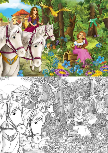 森林附近美丽多彩的公主传统素描场景 儿童图解 — 图库照片