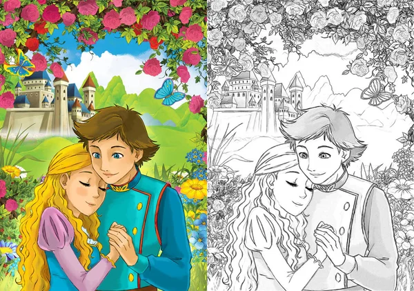Scenă Schiță Tradițională Fericită Colorată Prințesei Apropiere Pădure Ilustrație Pentru — Fotografie, imagine de stoc