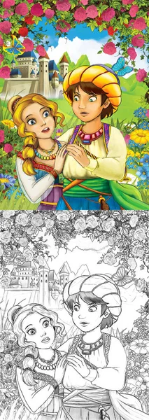 Cena Esboço Tradicional Feliz Colorido Princesa Perto Floresta Ilustração Para — Fotografia de Stock