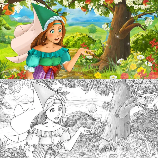 Scène Dessin Animé Avec Princesse Dans Verger Forestier Illustration Pour — Photo