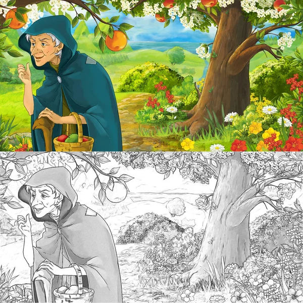 cartoon scene with witch in the forest orchard - illustration for children