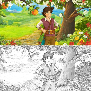 Prens ile orman bahçesinde karikatür sahnesi - çocuklar için çizim