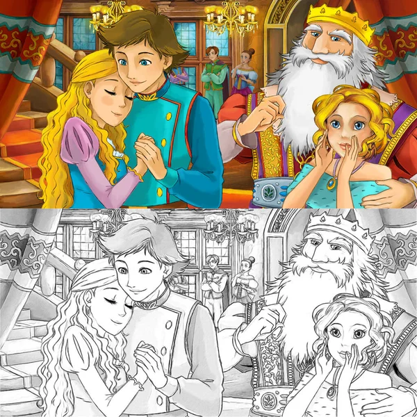 Cartoon Scene Owl Prince Princess Married Couple Castle Room Illustration — Stock Photo, Image