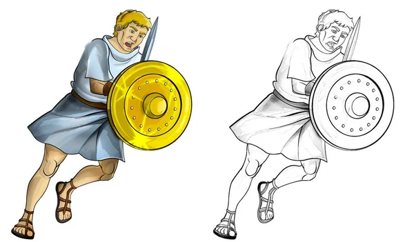 Romalı Yunan Karakterli Savaşçı Gladyatörün Beyaz Arka Planda Çizim Sahnesi — Stok fotoğraf