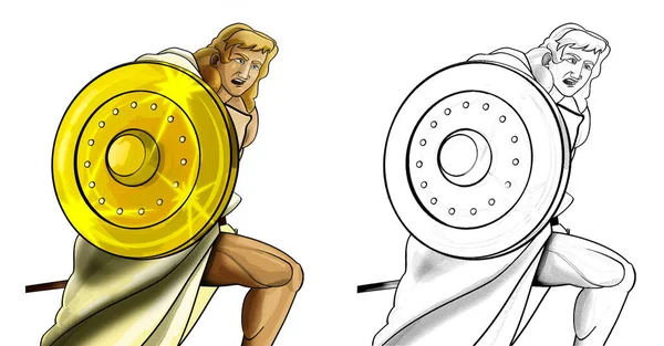 Σκετς Κινουμένων Σχεδίων Ρωμαϊκό Ελληνικό Αρχαίο Χαρακτήρα Πολεμιστή Μονομάχο Λευκό — Φωτογραφία Αρχείου