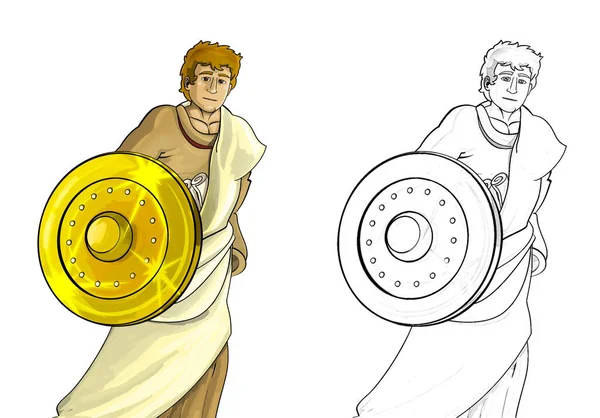 白を背景にローマやギリシャの古代文字の戦士や剣闘士と漫画のスケッチシーン 子供のためのイラスト — ストック写真