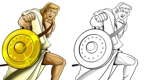白を背景にローマやギリシャの古代文字の戦士や剣闘士と漫画のスケッチシーン 子供のためのイラスト — ストック写真