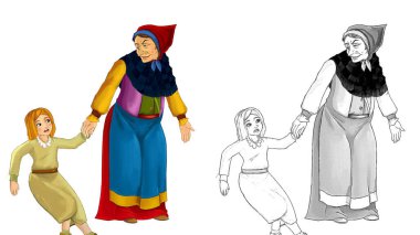 Karikatür çizimi, peri masalı karakteri. Yaşlı cadı ayakta ve çocuklu bakıyor.