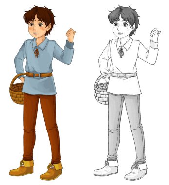 Ortaçağ erkek çiftçisinin çocuklar için beyaz arkaplan illüstrasyonunda yer aldığı karikatür sahnesi