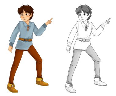 Ortaçağ erkek çiftçisinin çocuklar için beyaz arkaplan illüstrasyonunda yer aldığı karikatür sahnesi