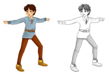 Ortaçağ erkek çiftçisinin çocuklar için beyaz arkaplan illüstrasyonunda yer aldığı karikatür sahnesi