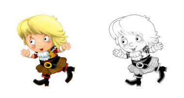 Beyaz arka planda güzel bir korsan kızın olduğu karikatür sahnesi - çocuklar için çizim