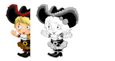 Beyaz arka planda güzel bir korsan kızın olduğu karikatür sahnesi - çocuklar için çizim